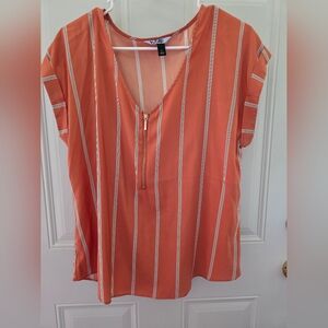 Orange and White Striped Zip-Front Blouse Size L